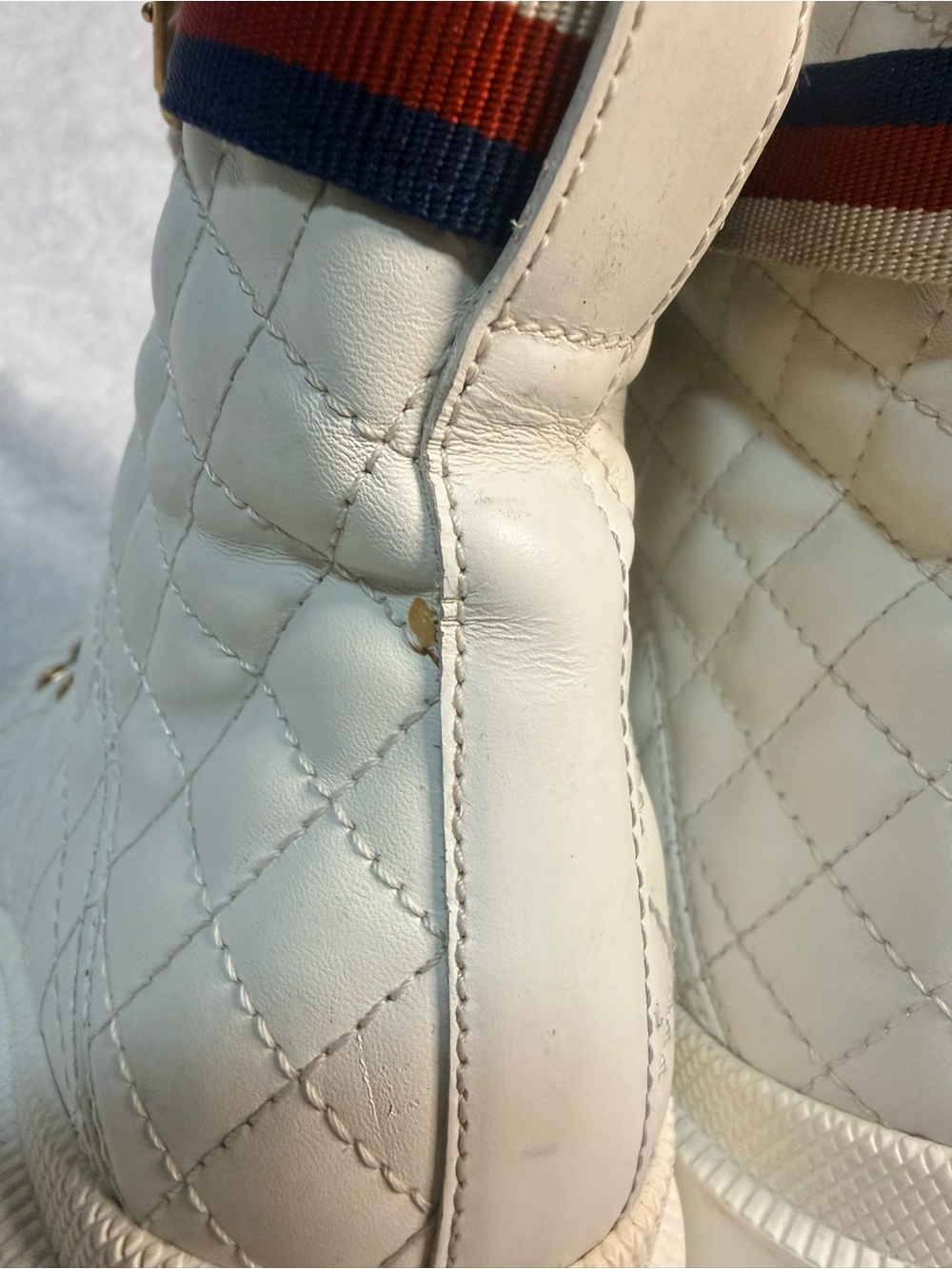Gucci White Quilted Lace-Up Platform Ankle Boots with Red and Blue Stripe - Picture 9 of 16